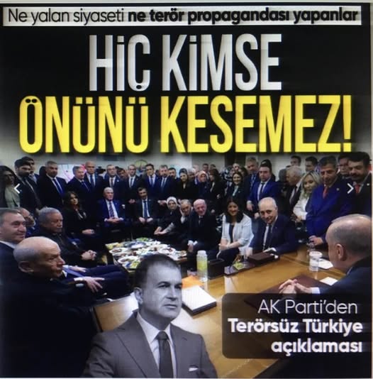 AK Parti Sözcüsü Ömer Çelik: Terörsüz Türkiye'ye sabotaj yapmaya çalışanlarla mücadelemizi sürdürüyoruz.