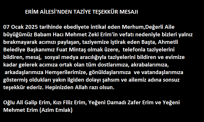 ERİM AİLESİ'NDEN TAZİYE TEŞEKKÜR MESAJI