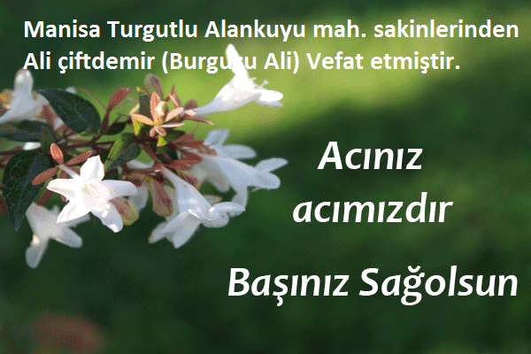 Manisa Turgutlu Alankuyu mah. sakinlerinden Ali çiftdemir (Burgucu Ali) Vefat etmiştir. 