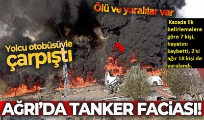 Ağrı'da feci kaza! Yolcu otobüsü iki kamyona çarptı: 7 kişi, hayatını kaybetti, 2'si ağır 18 kişi de yaralandı.
