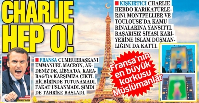 Alçaksın Macron! Charlie Hebdo'nun Hz.Muhammed karikatürleri Fransa'da devlet binalarına yansıtıldı!...