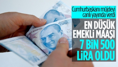 Başkan Erdoğan, 5 bin 500 TL olan emekli maaşı rakamının 2 bin TL artırılarak, 7.500 liraya çıkartıldığını ifade etti. 