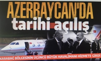Başkan Erdoğan Azerbaycan'da havalimanı açılışını yaptı! Kurdeleyi Aliyev ile birlikte kesti.