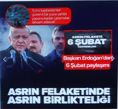 Başkan Recep Tayyip Erdoğan'dan 6 Şubat depremleri paylaşımı: Türkiye asrın felaketi karşısında asrın birlikteliğini ortaya koydu  