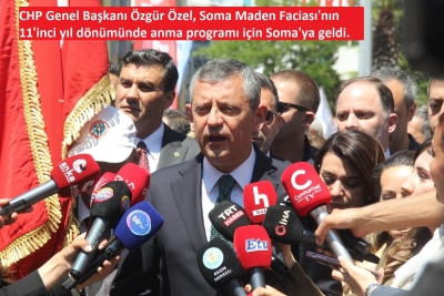 CHP Genel Başkanı Özgür Özel, Soma Maden Faciası'nın 11'inci yıl dönümünde anma programı için Soma'ya geldi. 