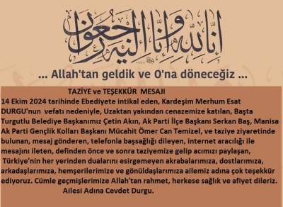       DURGU AİLESİ'NDEN TAZİYE TEŞEKKÜR MESAJI 